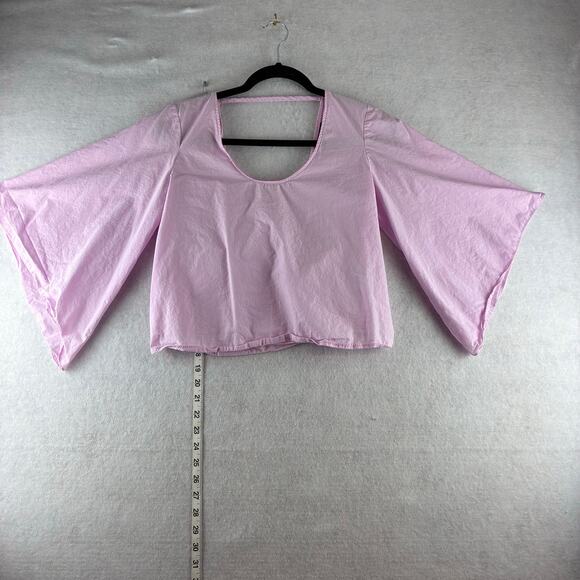 ZARA Pretty In Pink Back Bow Cropped Top Blouse Bell Sleeve Cotton Women’s Small - Picture 1 of 9
